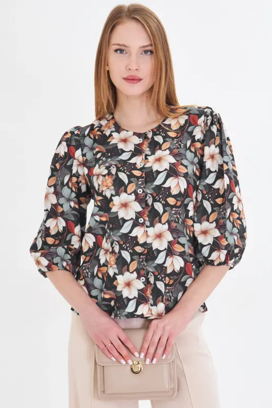 Women's Navy Blue Crew Neck Quarter Sleeve Patterned Shirt ARM-25Y001021-Navy - 4
