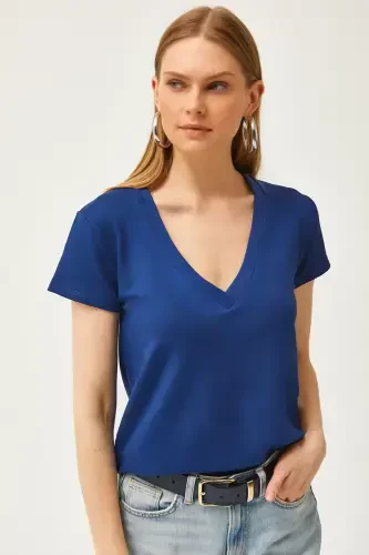 Women's Navy Blue Deep V-Neck Modal Touch T-Shirt TS - 1