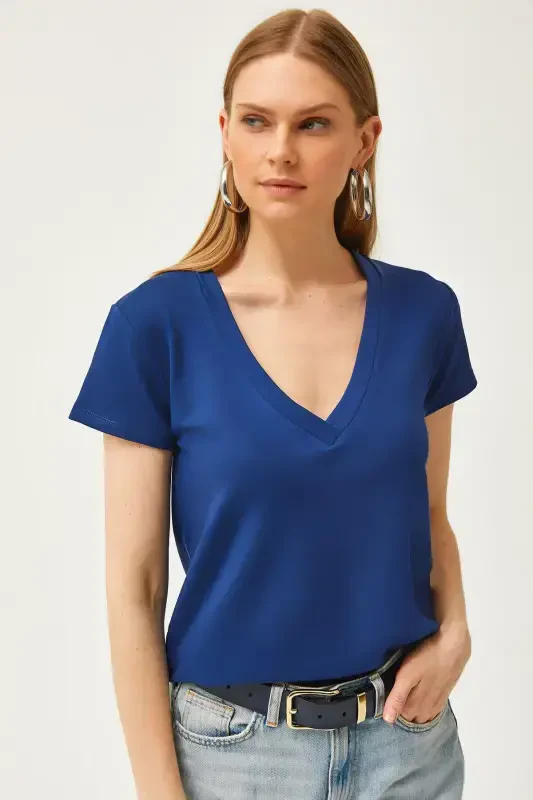 Women's Navy Blue Deep V-Neck Modal Touch T-Shirt TS - OLALOOK