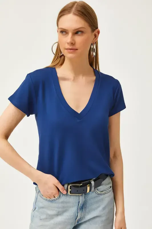Women's Navy Blue Deep V-Neck Modal Touch T-Shirt TS - 2