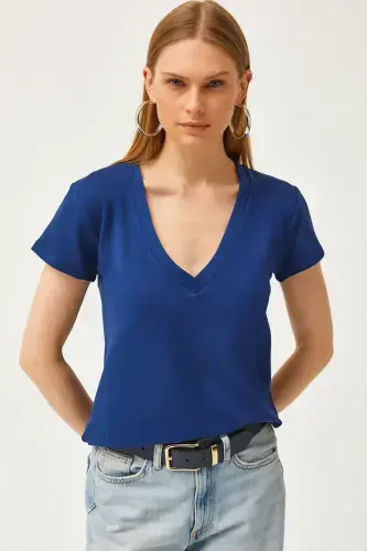 Women's Navy Blue Deep V-Neck Modal Touch T-Shirt TS - 3