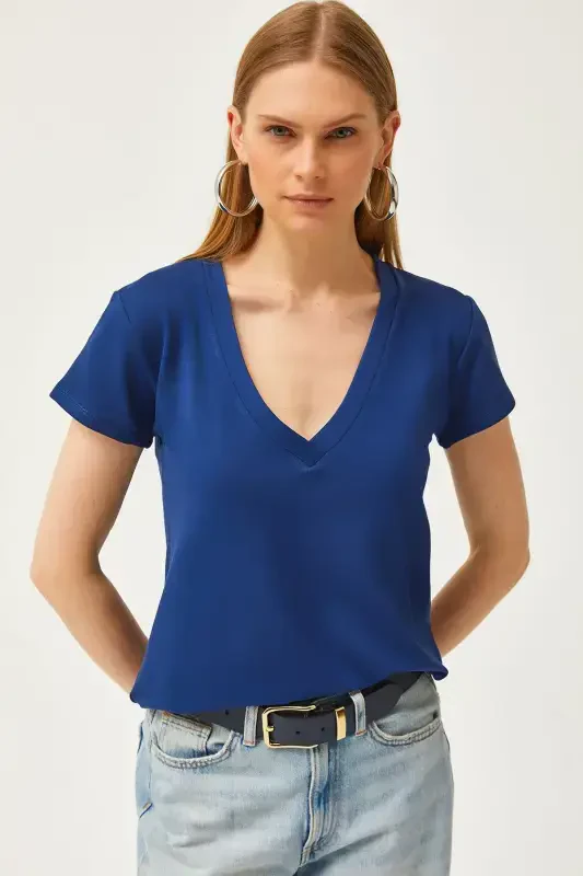 Women's Navy Blue Deep V-Neck Modal Touch T-Shirt TS - 3