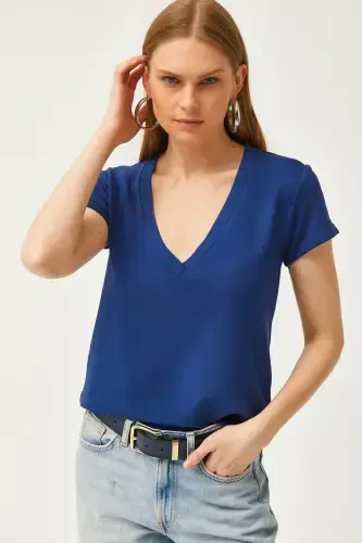 Women's Navy Blue Deep V-Neck Modal Touch T-Shirt TS - 4