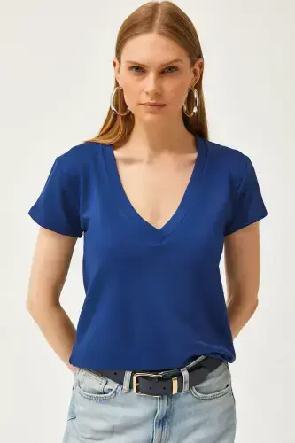 Women's Navy Blue Deep V-Neck Modal Touch T-Shirt TS - 5