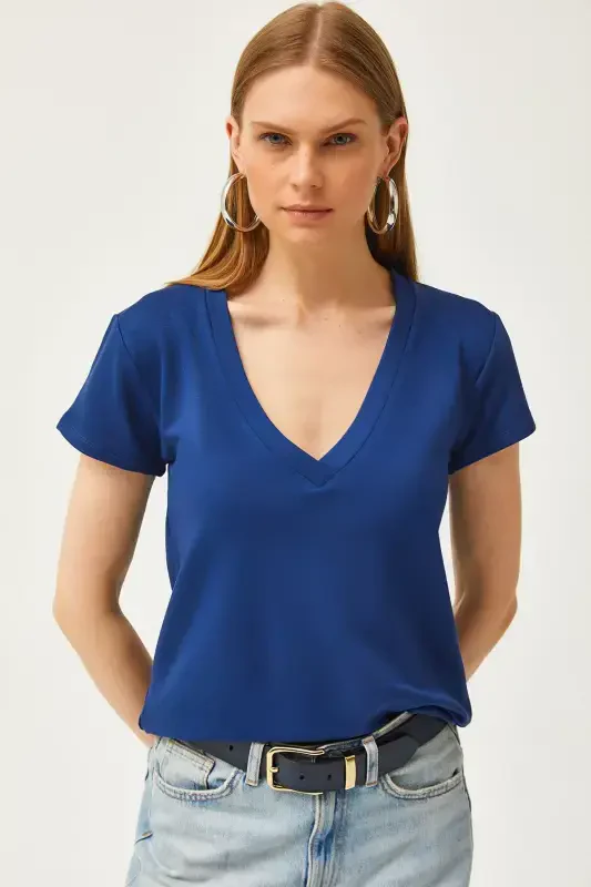 Women's Navy Blue Deep V-Neck Modal Touch T-Shirt TS - 5