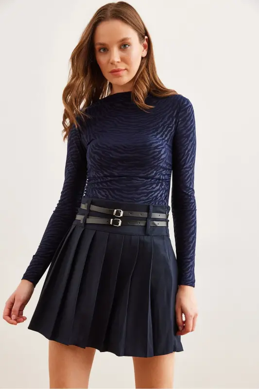 Women's Navy Blue Double Belted Pleated Mini Woven Skirt - 1