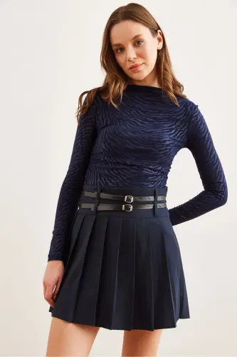 Women's Navy Blue Double Belted Pleated Mini Woven Skirt - OLALOOK (1)