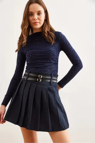 Women's Navy Blue Double Belted Pleated Mini Woven Skirt - 5