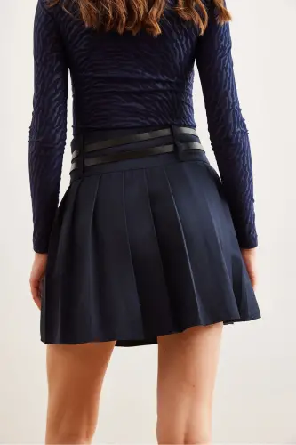 Women's Navy Blue Double Belted Pleated Mini Woven Skirt - 7