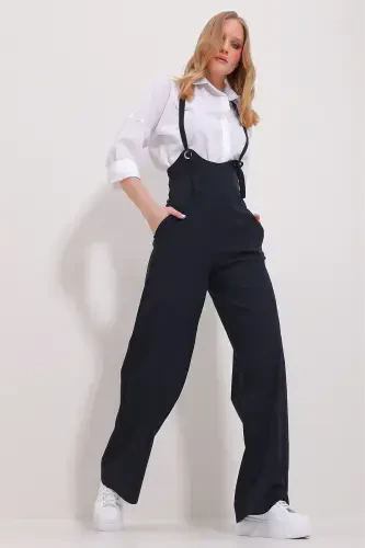 Women's Navy Blue Double Pocket Strappy Lycra Jumpsuit ALC-X11539-NAVY - TREND ALAÇATI STILI (1)