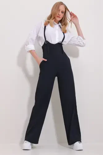 Women's Navy Blue Double Pocket Strappy Lycra Jumpsuit ALC-X11539-NAVY - 3