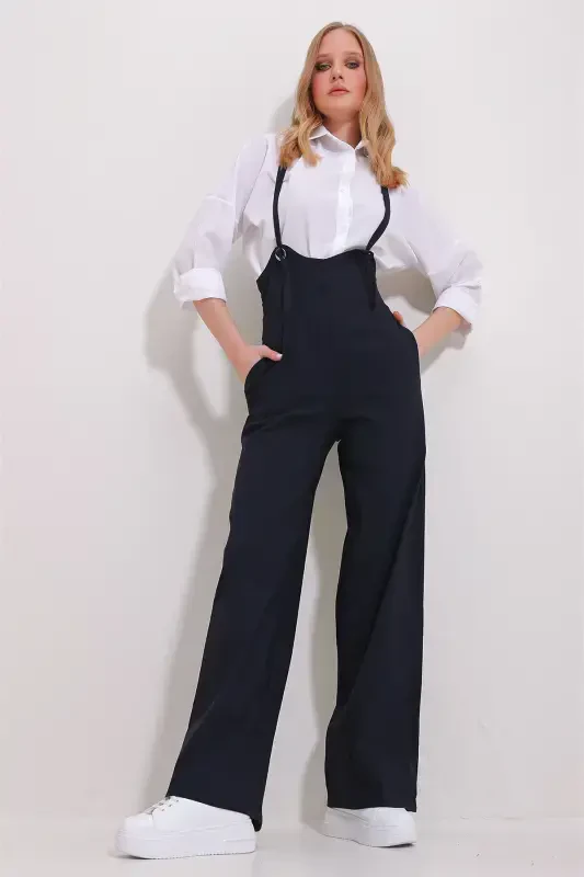 Women's Navy Blue Double Pocket Strappy Lycra Jumpsuit ALC-X11539-NAVY - 4