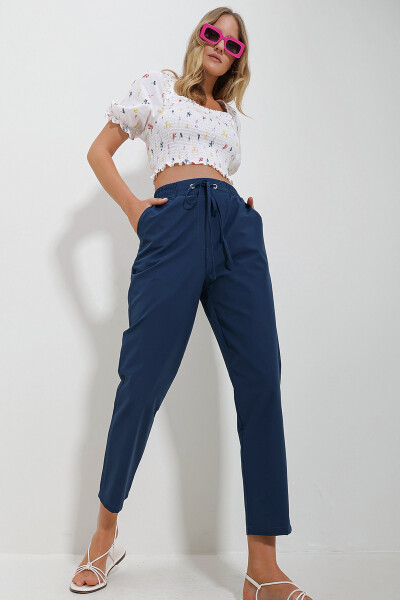 Women's Navy Blue Elastic Waist Double Pocket Woven Trousers ALC-X11614 - 1