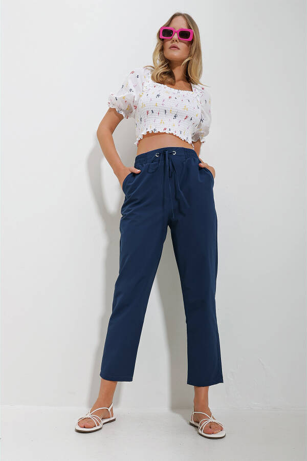 Women's Navy Blue Elastic Waist Double Pocket Woven Trousers ALC-X11614 - 2