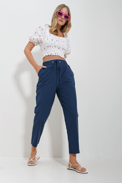 Women's Navy Blue Elastic Waist Double Pocket Woven Trousers ALC-X11614 - 3