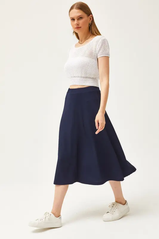 Women's Navy Blue Elastic Waist Flowy Knit Skirt SK - OLALOOK