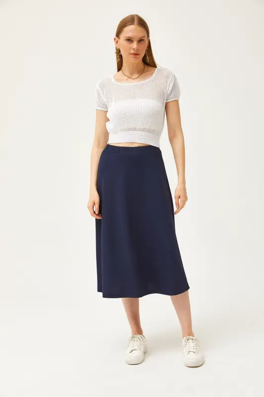 Women's Navy Blue Elastic Waist Flowy Knit Skirt SK - 2