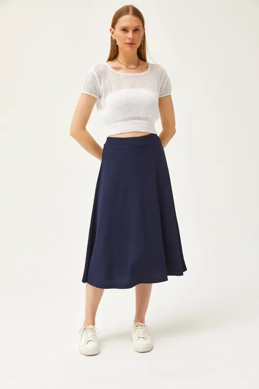 Women's Navy Blue Elastic Waist Flowy Knit Skirt SK - 3