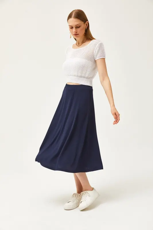 Women's Navy Blue Elastic Waist Flowy Knit Skirt SK - 4
