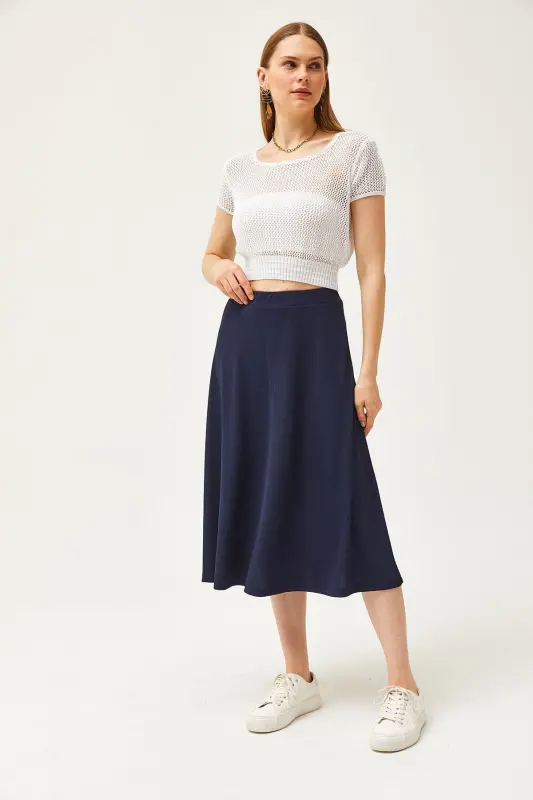 Women's Navy Blue Elastic Waist Flowy Knit Skirt SK - 5