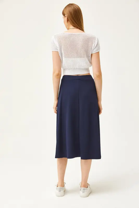 Women's Navy Blue Elastic Waist Flowy Knit Skirt SK - 6
