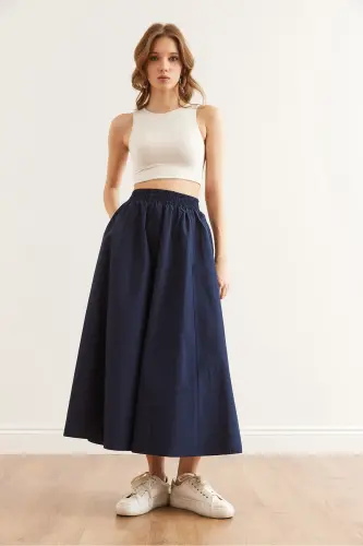 Women's Navy Blue Elastic Waist Parachute Bell Skirt ETK-19000280-Navy Blue - 2