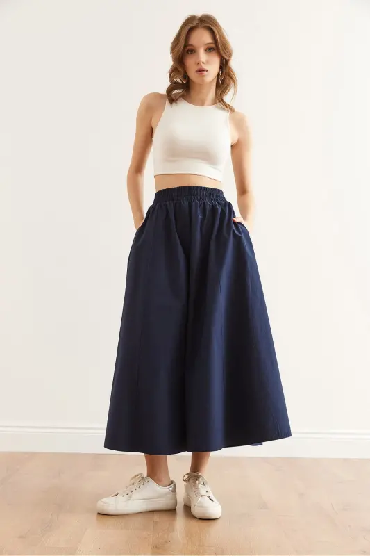 Women's Navy Blue Elastic Waist Parachute Bell Skirt ETK-19000280-Navy Blue - 3