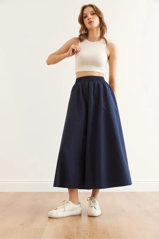 Women's Navy Blue Elastic Waist Parachute Bell Skirt ETK-19000280-Navy Blue - 6