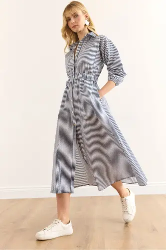 Women's Navy Blue Elastic Waist Pocketed Maxi Shirt Dress ELB-19002398-Navy Blue 