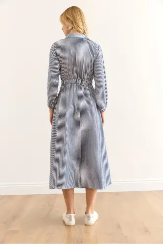 Women's Navy Blue Elastic Waist Pocketed Maxi Shirt Dress ELB-19002398-Navy Blue - OLALOOK (1)