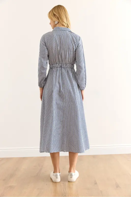 Women's Navy Blue Elastic Waist Pocketed Maxi Shirt Dress ELB-19002398-Navy Blue - 2