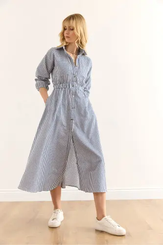 Women's Navy Blue Elastic Waist Pocketed Maxi Shirt Dress ELB-19002398-Navy Blue - 3