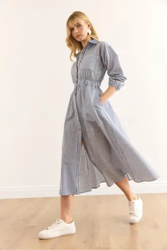 Women's Navy Blue Elastic Waist Pocketed Maxi Shirt Dress ELB-19002398-Navy Blue - 4