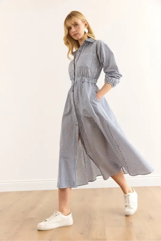 Women's Navy Blue Elastic Waist Pocketed Maxi Shirt Dress ELB-19002398-Navy Blue - 4