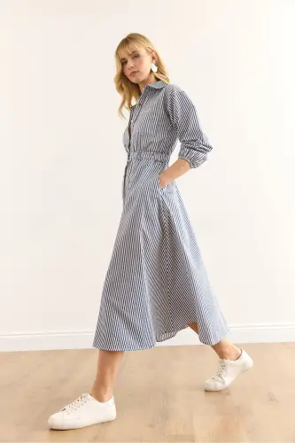 Women's Navy Blue Elastic Waist Pocketed Maxi Shirt Dress ELB-19002398-Navy Blue - 5