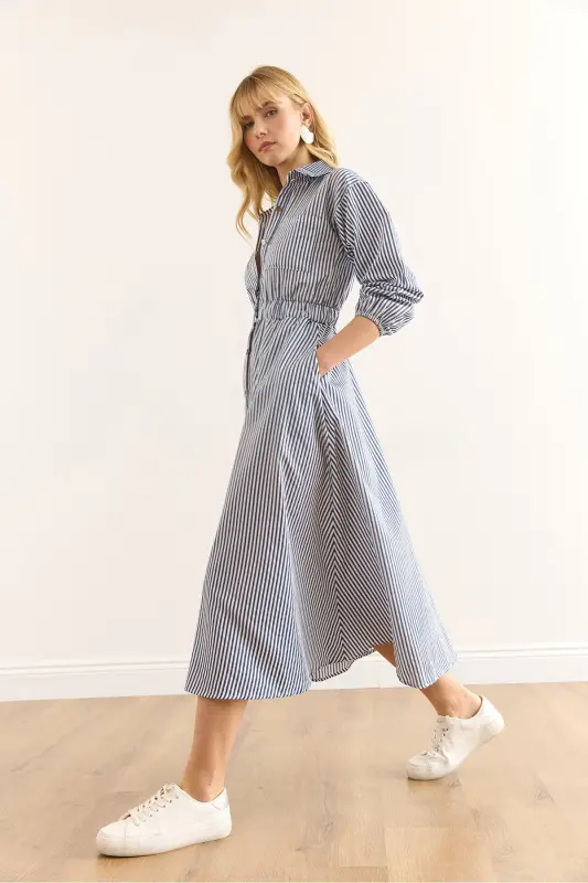 Women's Navy Blue Elastic Waist Pocketed Maxi Shirt Dress ELB-19002398-Navy Blue - 5