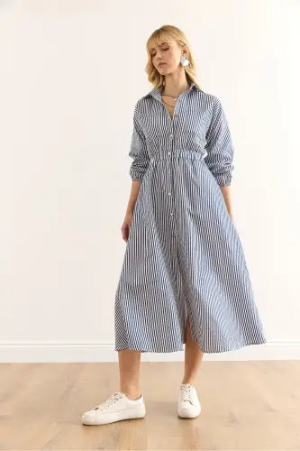 Women's Navy Blue Elastic Waist Pocketed Maxi Shirt Dress ELB-19002398-Navy Blue - 6