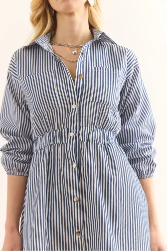 Women's Navy Blue Elastic Waist Pocketed Maxi Shirt Dress ELB-19002398-Navy Blue - 7