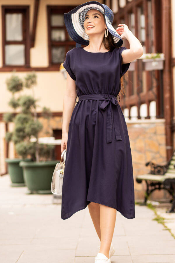 Women's Navy Blue Elastic Waist Tie Dress ARM-18Y001120 - 1