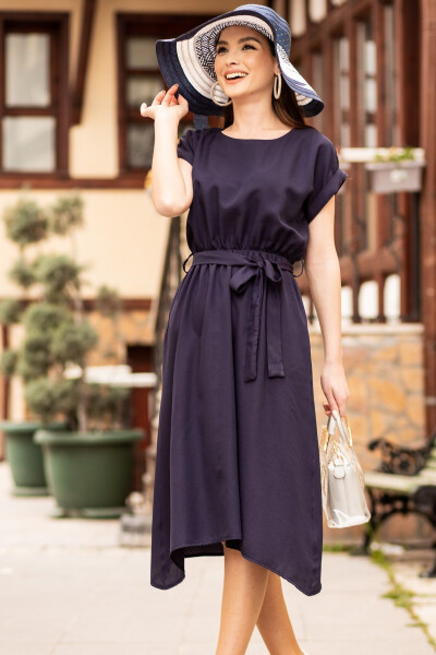 Women's Navy Blue Elastic Waist Tie Dress ARM-18Y001120 - 3