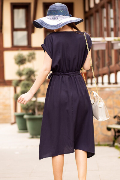 Women's Navy Blue Elastic Waist Tie Dress ARM-18Y001120 - 4