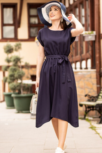 Women's Navy Blue Elastic Waist Tie Dress ARM-18Y001120 - ARMONIKA