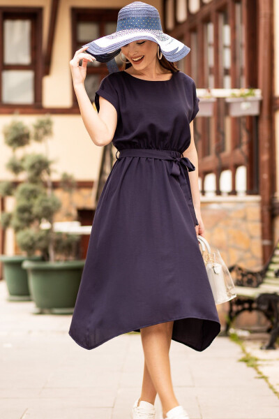 Women's Navy Blue Elastic Waist Tie Dress ARM-18Y001120 - ARMONIKA (1)