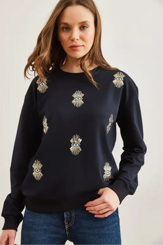 Women's Navy Blue Eye Embroidered Seasonal Sweatshirt SWT-19000598-Navy Blue - OLALOOK