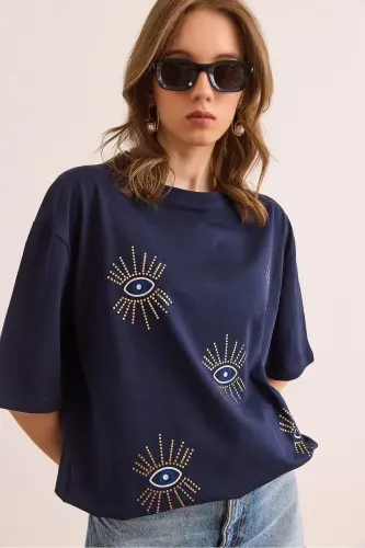 Women's Navy Blue Eye Print Foil Detailed T-Shirt TS 