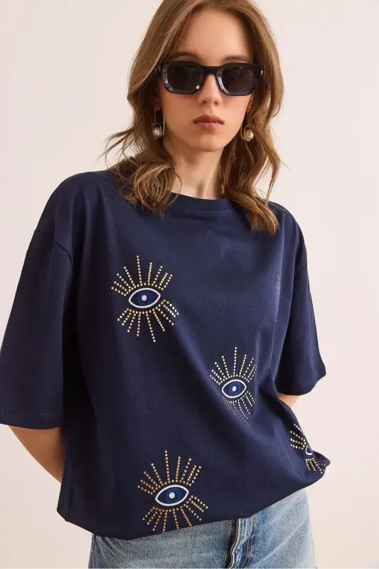 Women's Navy Blue Eye Print Foil Detailed T-Shirt TS - 1