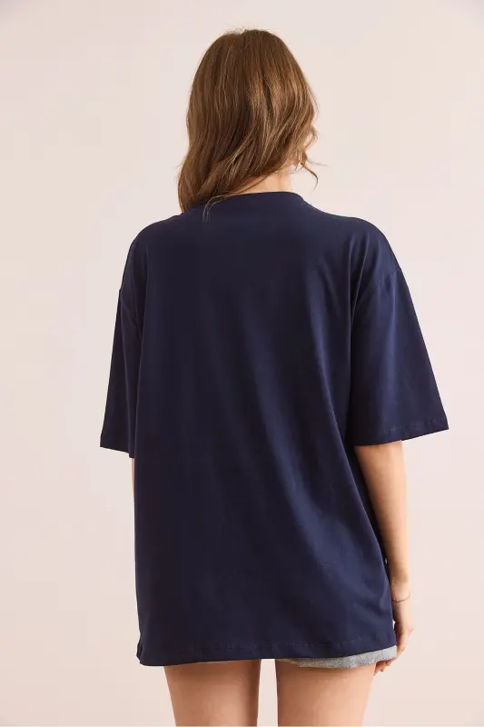 Women's Navy Blue Eye Print Foil Detailed T-Shirt TS - 2