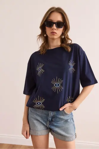 Women's Navy Blue Eye Print Foil Detailed T-Shirt TS - 3