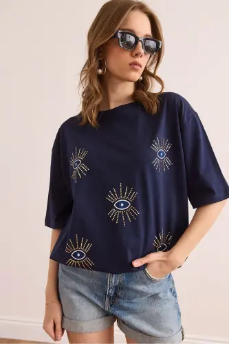 Women's Navy Blue Eye Print Foil Detailed T-Shirt TS - 4