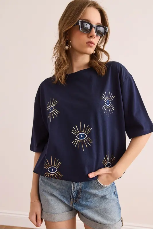 Women's Navy Blue Eye Print Foil Detailed T-Shirt TS - 4